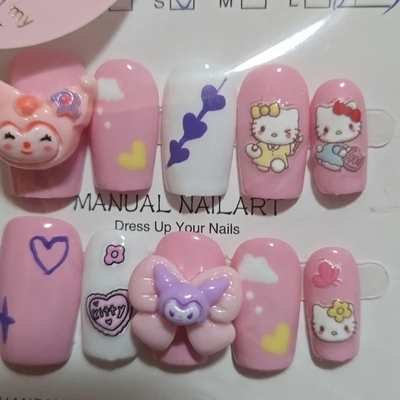 Handmade Hello Kitty Kuromi And My Melody Pink Press On Nail Art Set - Picture 1 of 6